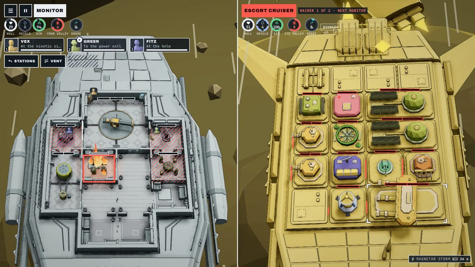 Broadside in battle: your cruiser's cross-section on the left facing a gold escort cruiser's module grid on the right