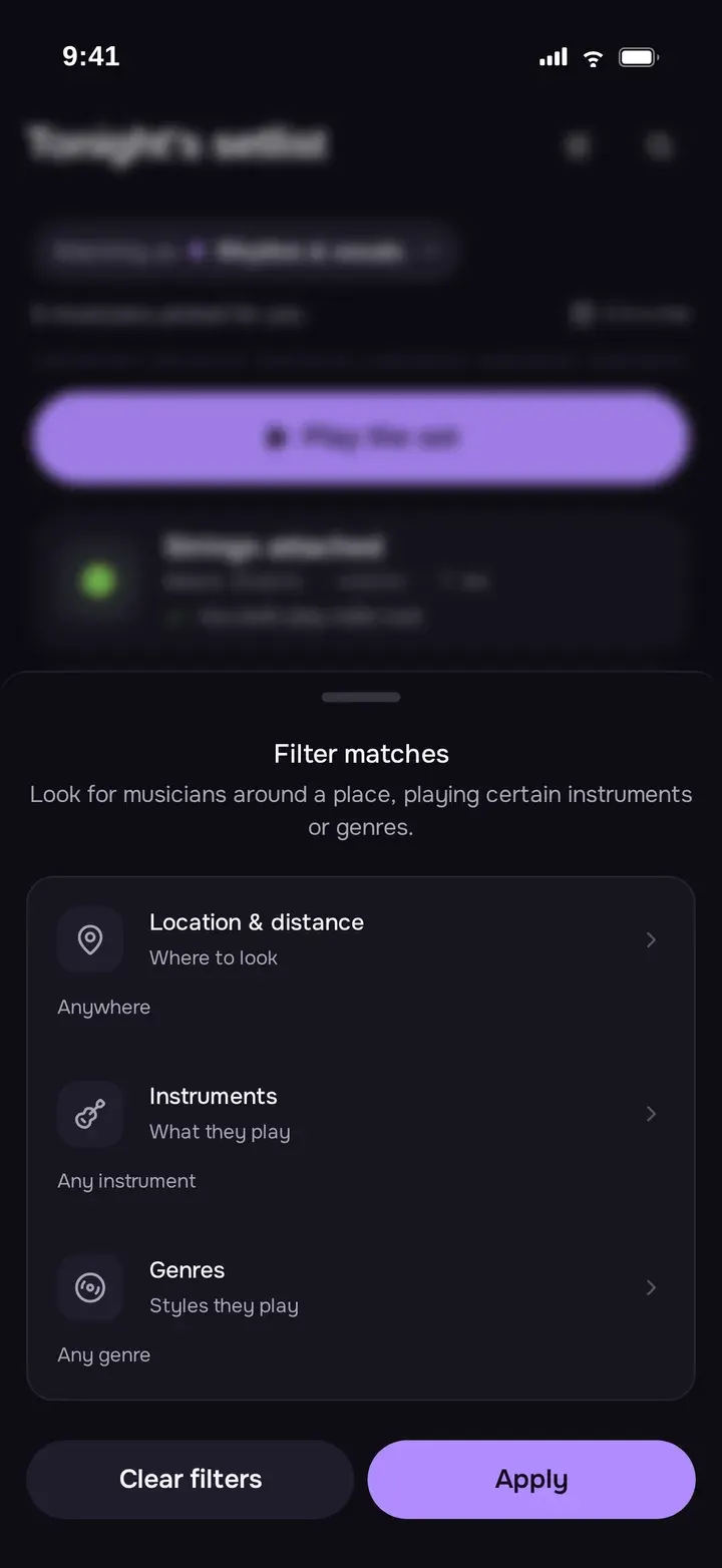 The filter sheet: location and distance, instruments, genres