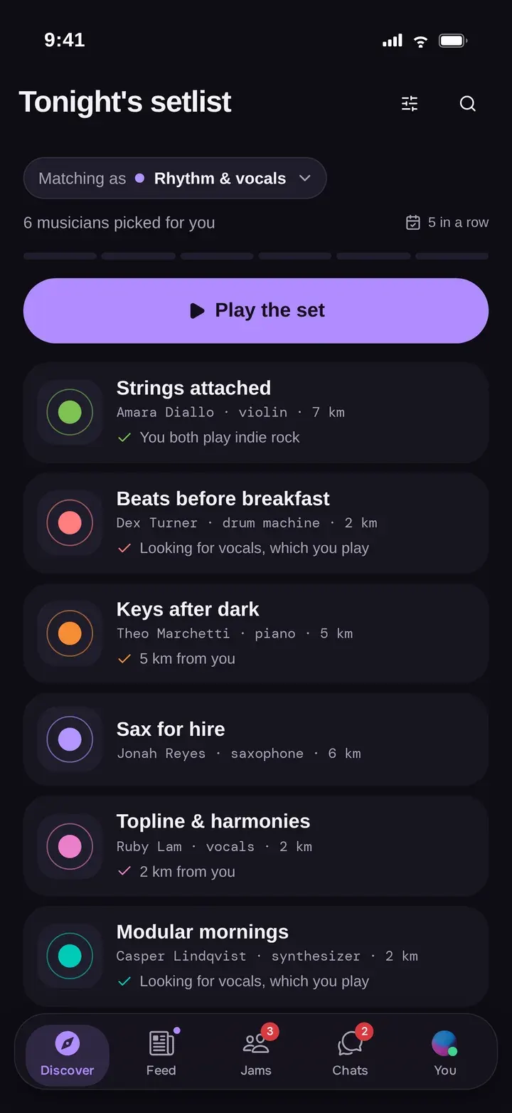 The JamFan app’s setlist: six musicians picked for you, each with why you match